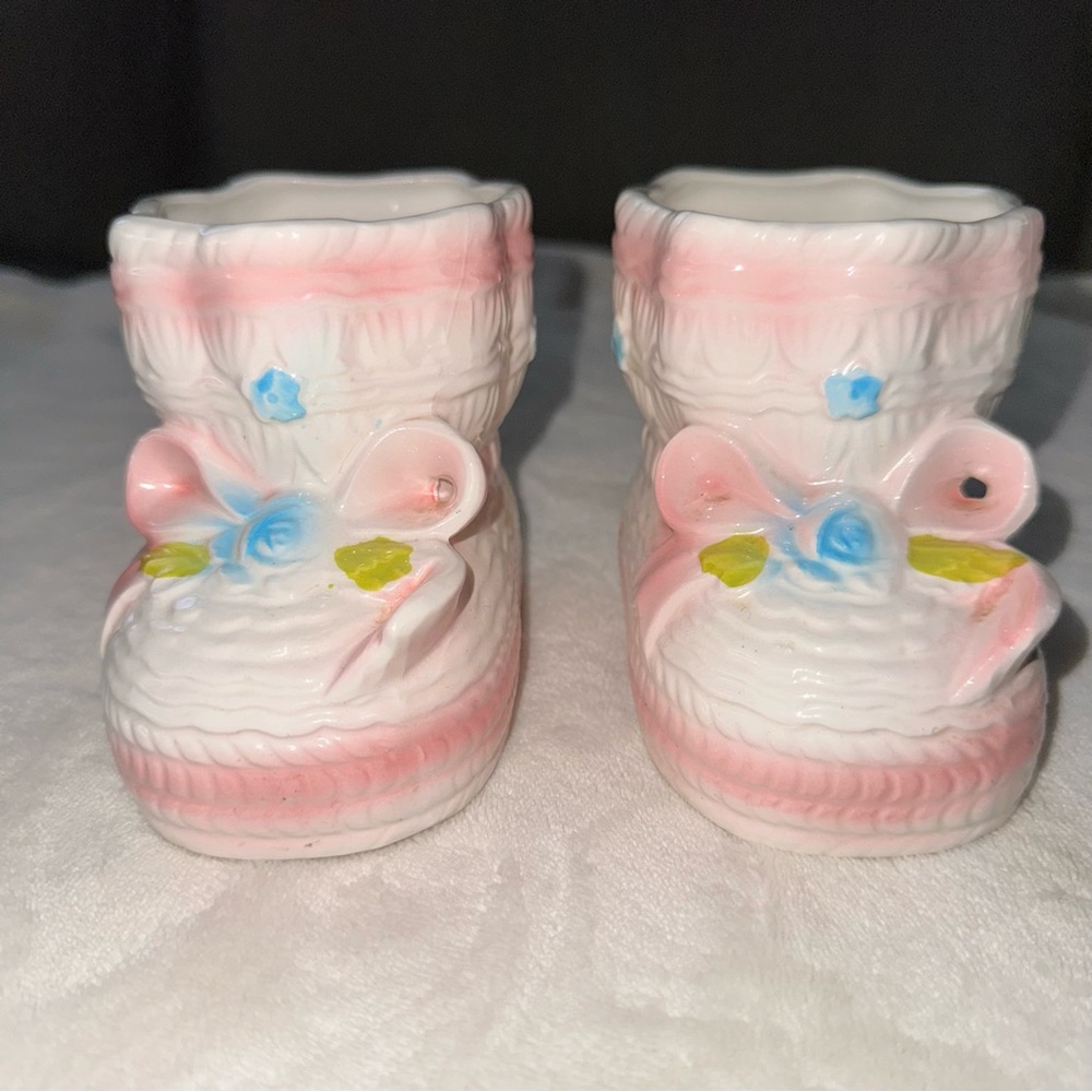 Vintage Baby Bootie Planter Set Rubens Vase Pink Japan Ceramic Boot Nursery
